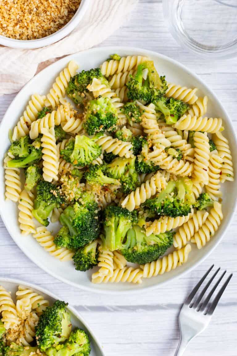 A plate of pasta with broccoli and anchovy breadcrumbs.