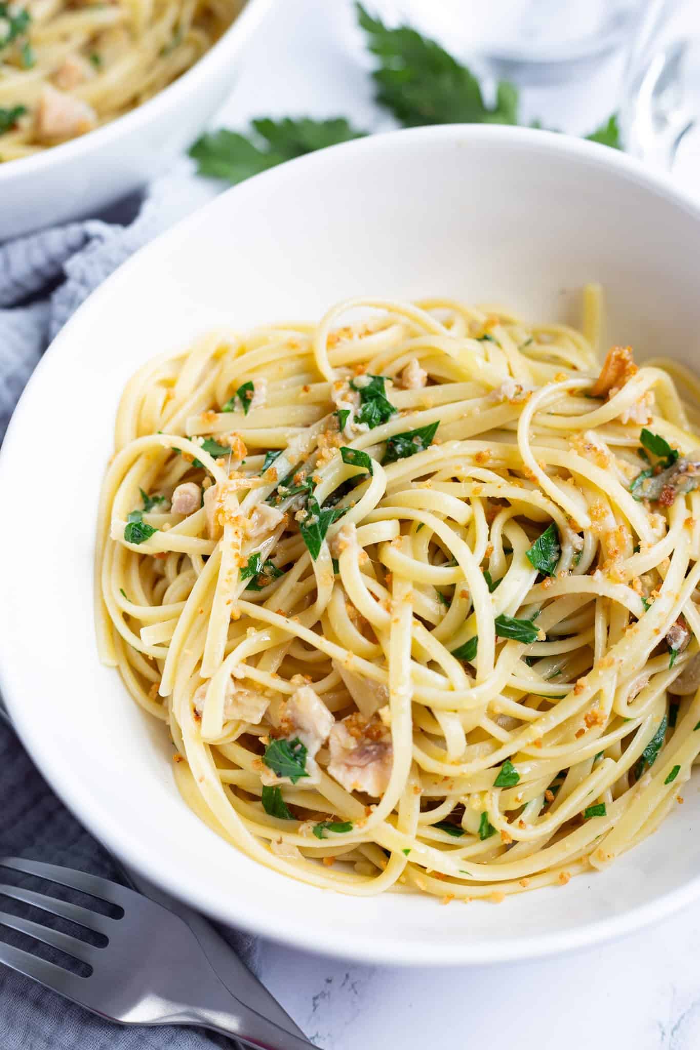 Linguine with Clams, Anchovies, and Breadcrumbs.