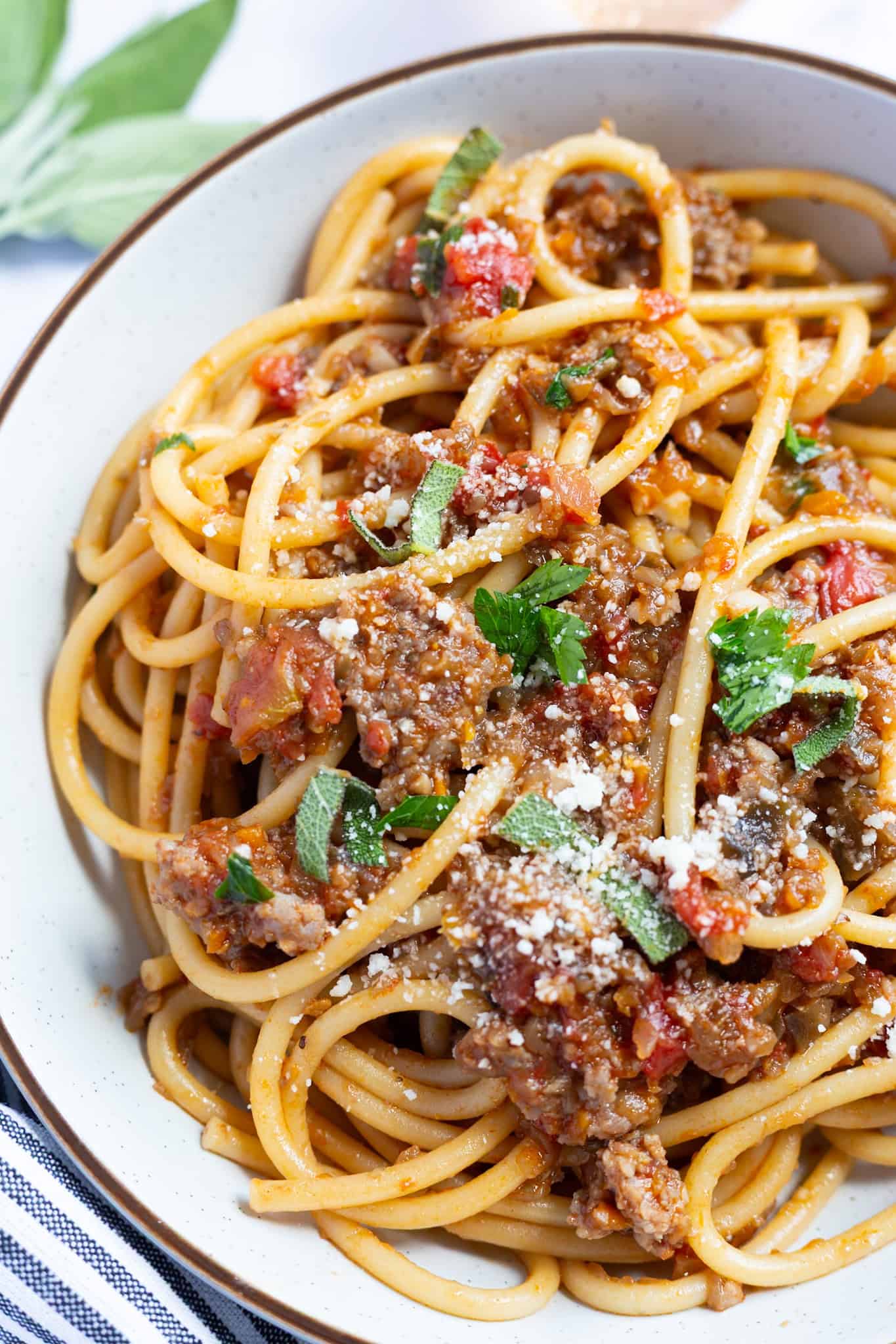 Bucatini bolognese with veggies and sausage.