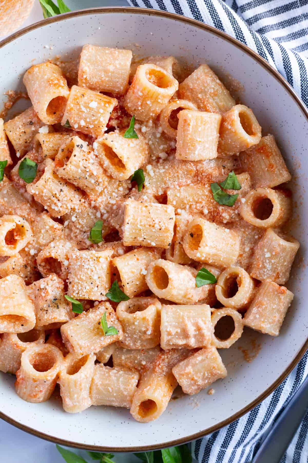 A big bowl of creamy rigatoni pasta.