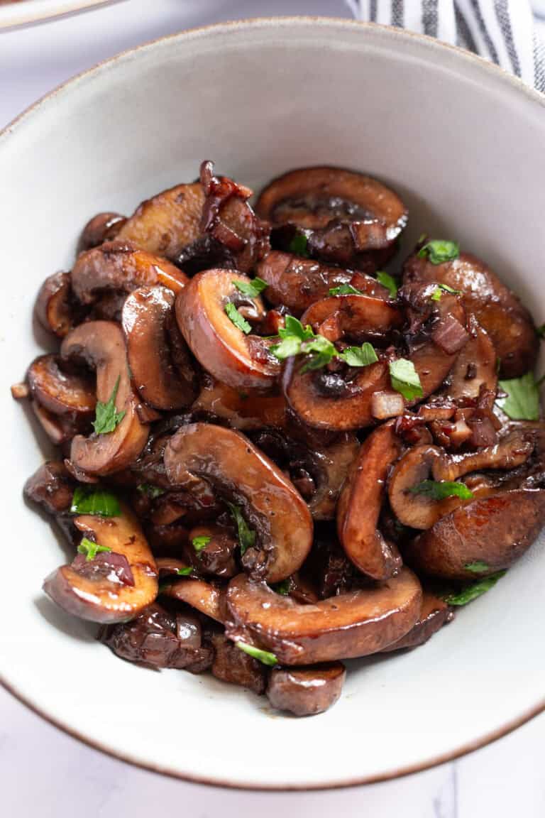 A bowl of quick balsamic red wine mushrooms.